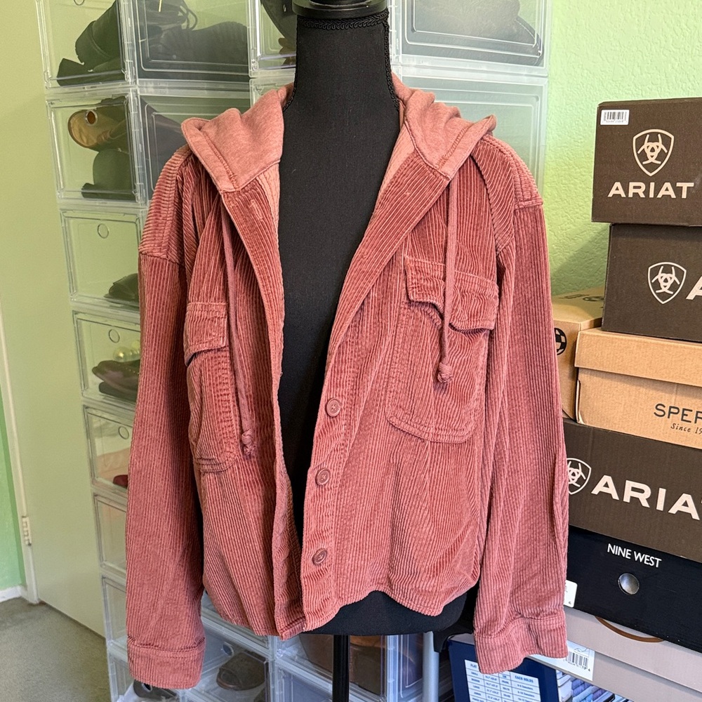 American Eagle Women’s Cropped Corduroy Hooded Jacket - Mauve Pink | Sz XL